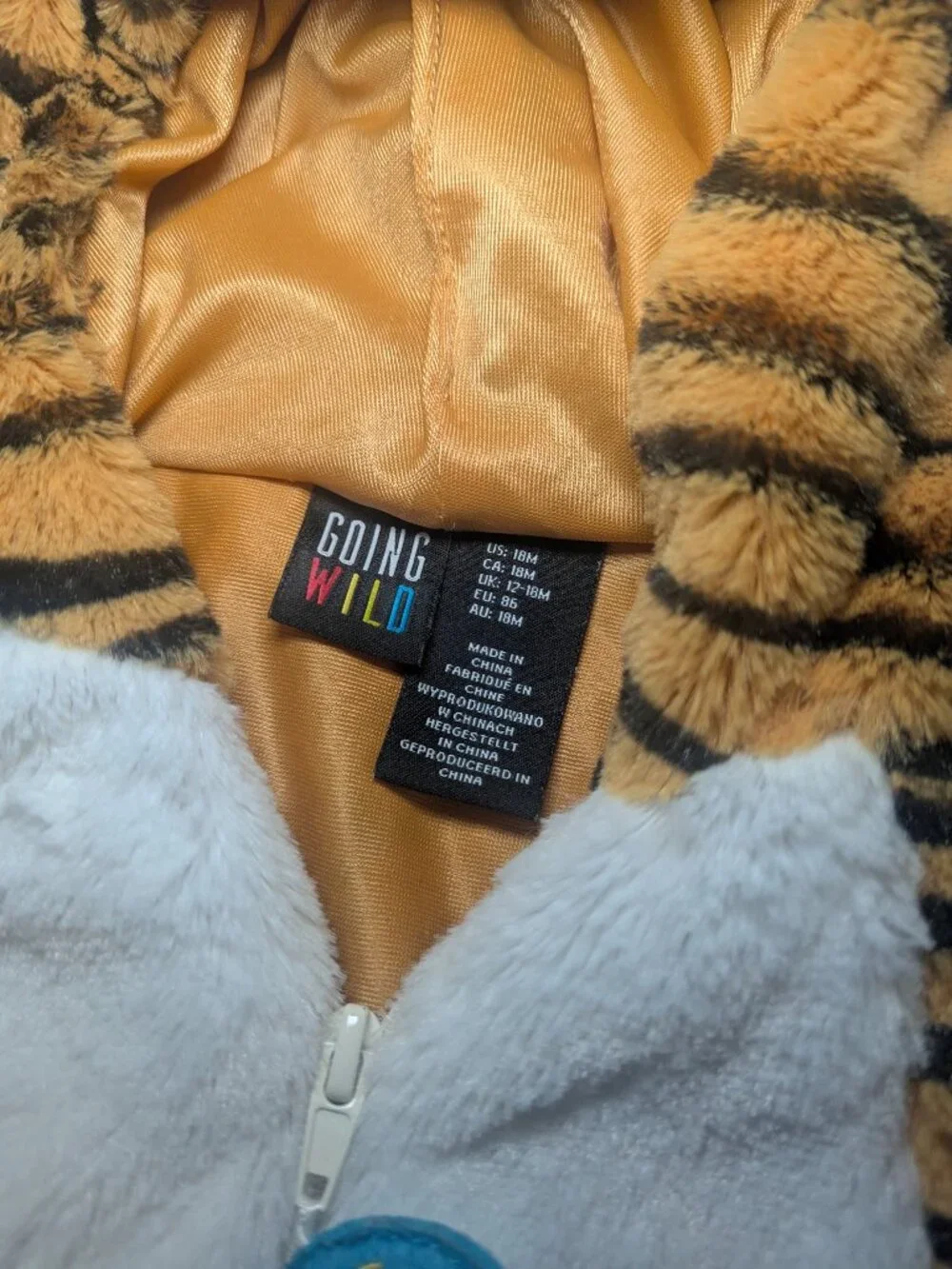 Going Wild Kid Tiger Costume Halloween Dress Up Warm Zip Up Orange Aladdin 18m